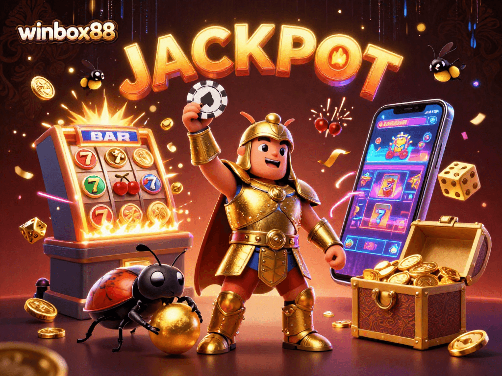 Winbox88's dazzling cartoon scene showcases a vibrant casino experience with colorful game elements and jackpot excitement.