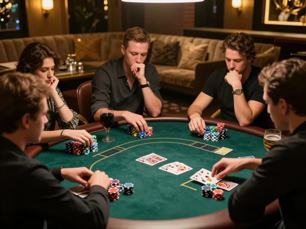 Players engaging in a high-stakes poker game at fly888, showcasing chips and cards in an upscale ambiance.
