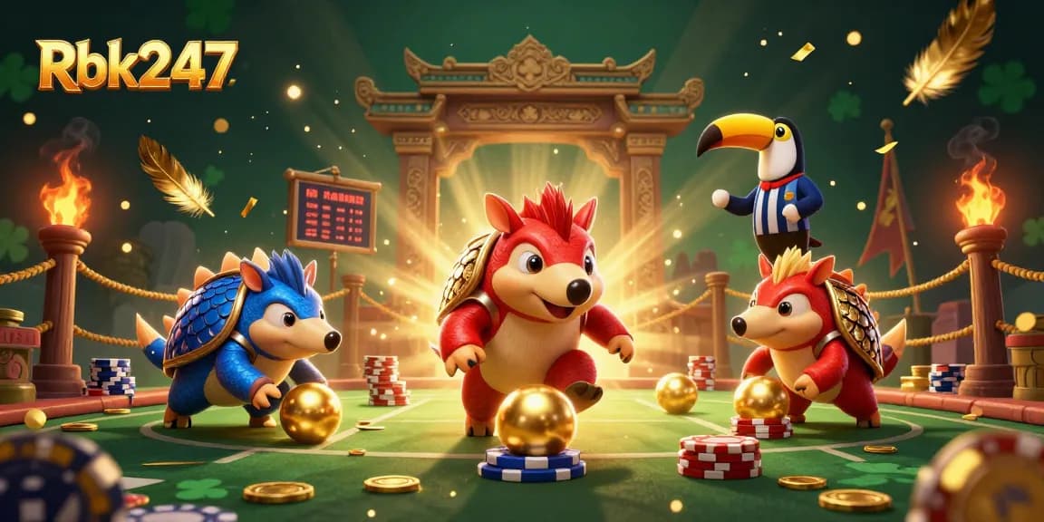 Compete with Rbk247 in an intense poker game featuring colorful pangolins and casino chips.
