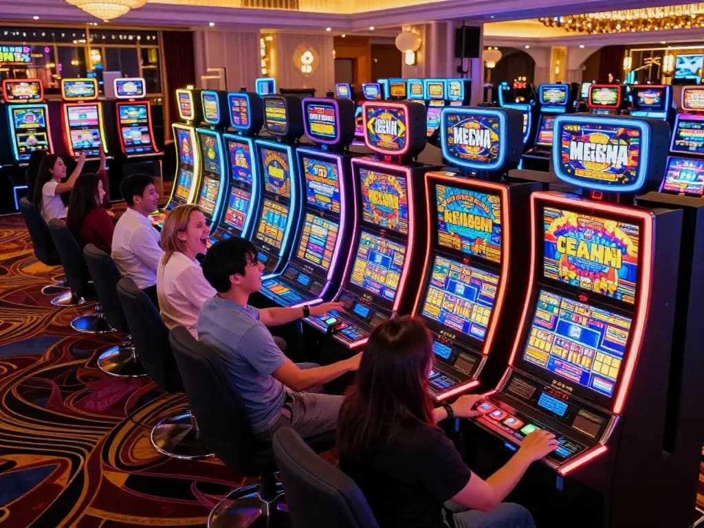 Excitement at the casino as players engage with colorful slot machines for the slot bonus new member 100 di awal.