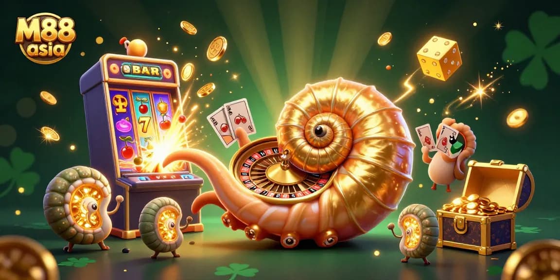 Experience thrilling gameplay with M88 asia, showcasing a vibrant 3D casino scene filled with slots and cards.
