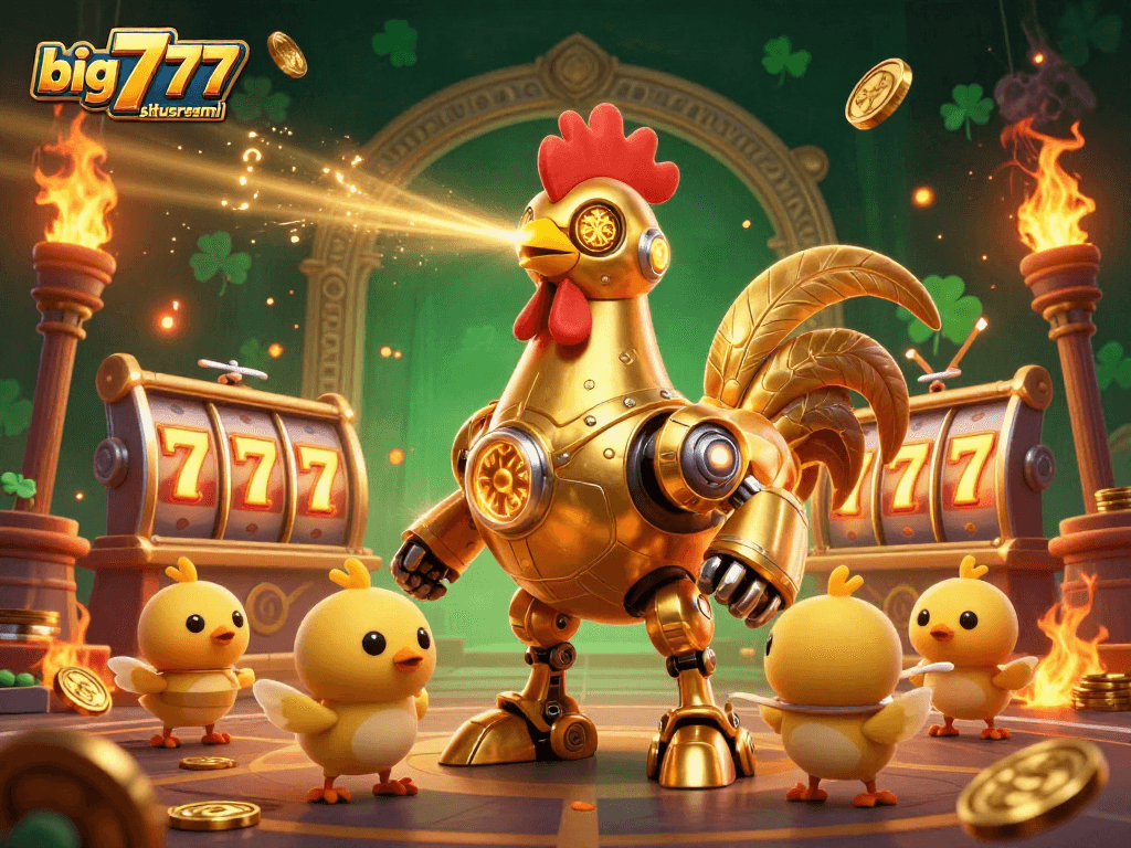 Engage with big777situsresmi in a vibrant 3D casino scene featuring a golden rooster robot amid slot reels.