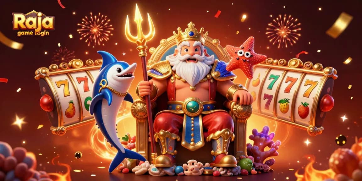 Experience Raja game login with vibrant 3D casino elements, including slot reels and fireworks.