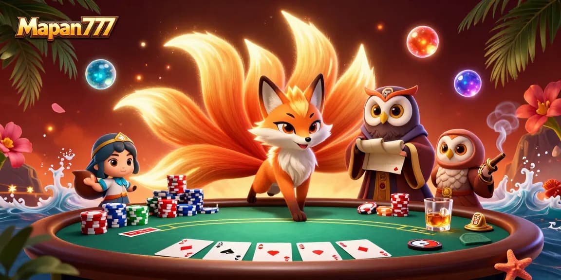 Engage with Mapan777's vibrant poker scene featuring a nine-tailed fox, an owl sage, and colorful poker elements.