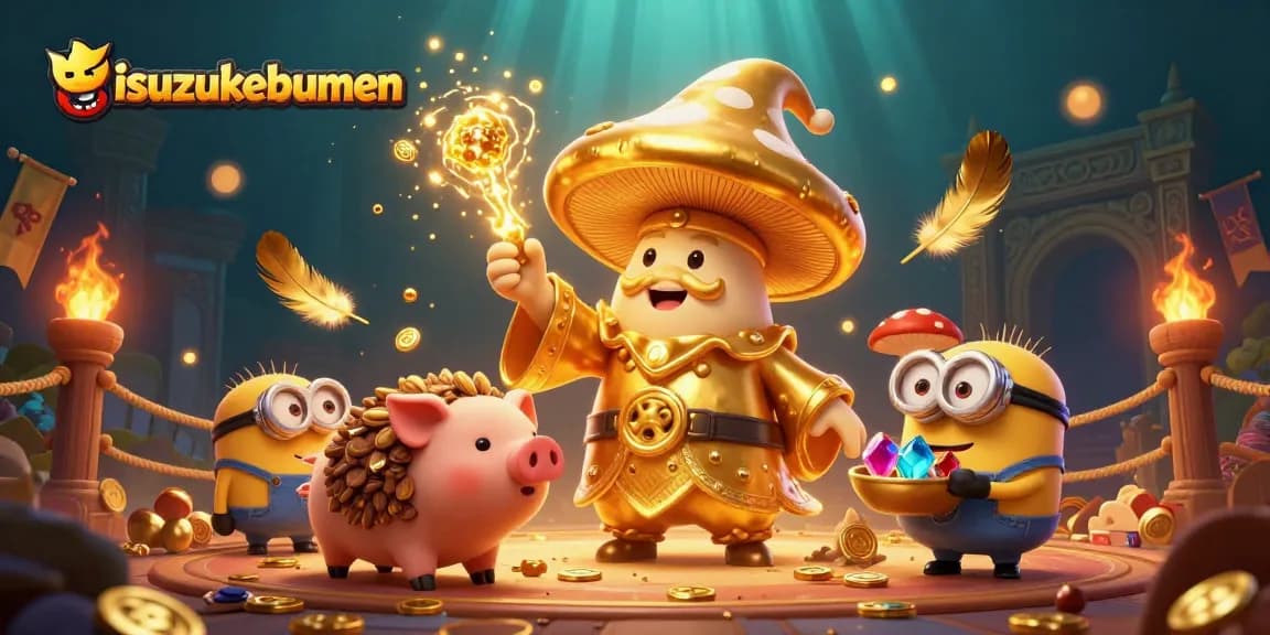 Engage with the magical world of isuzukebumen through a vibrant 3D illustration of a golden mushroom wizard casting spells in a thrilling casino setting.