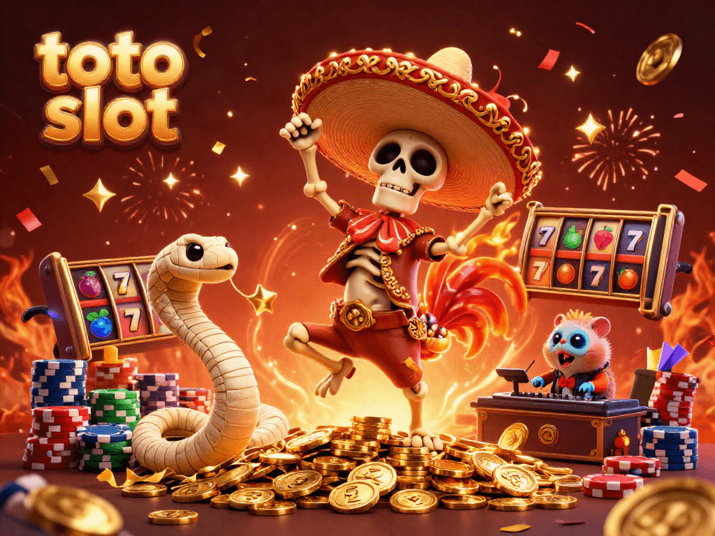 Celebrate wins playing toto slot with a vibrant 3D scene featuring a mariachi rooster and slot elements.