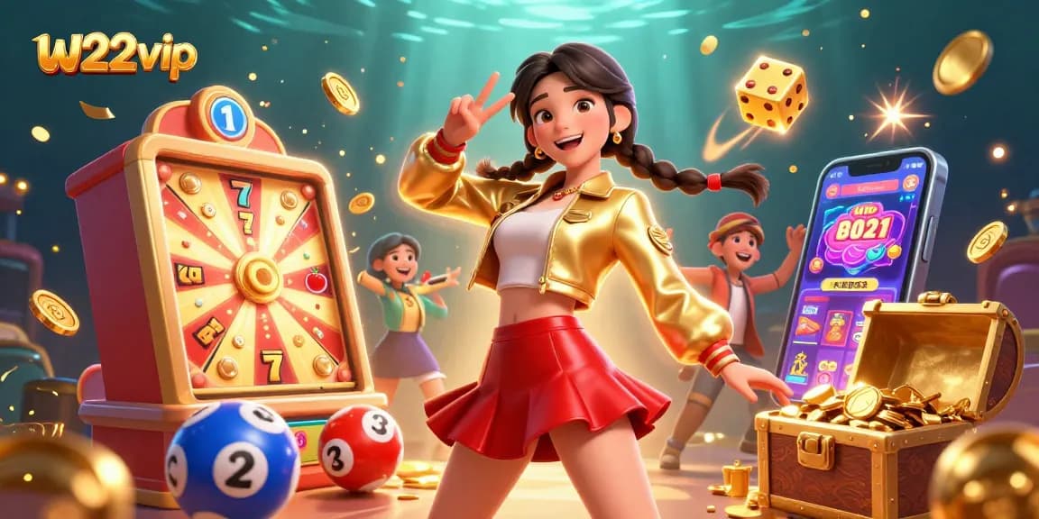 w22vip offers vibrant casino gaming experience with stunning Asian characters, lottery balls, and dynamic slot machines.