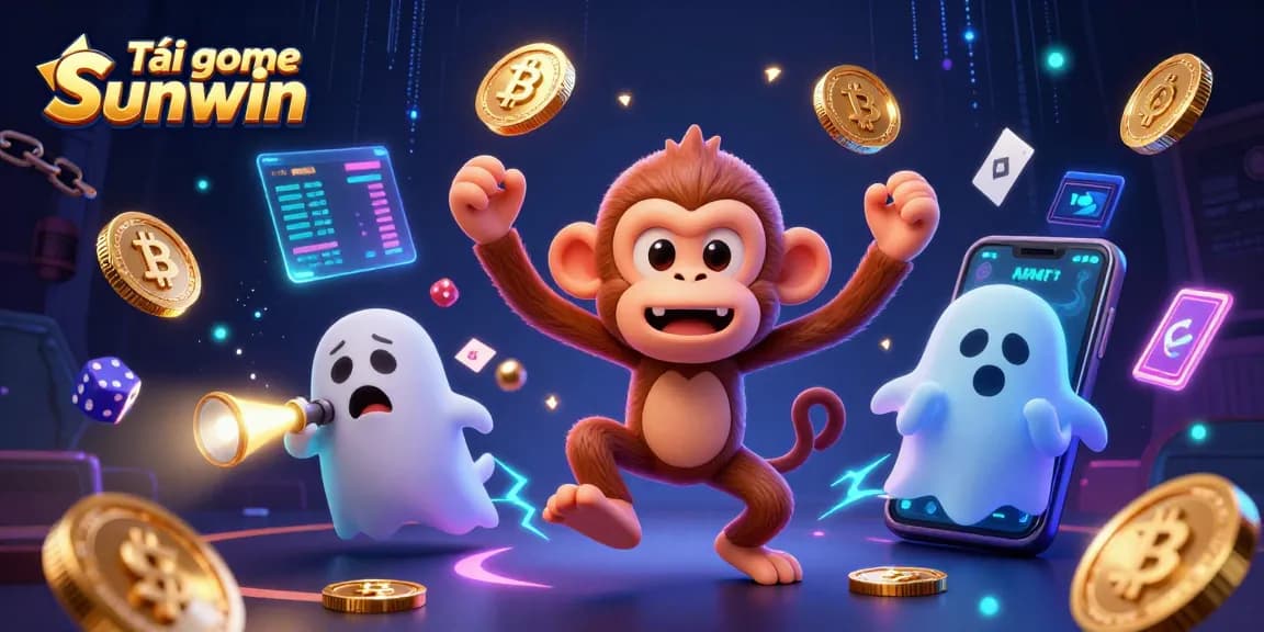 Tải game Sunwin in a vibrant casino scene featuring a mischievous poltergeist monkey and a curious puppy.