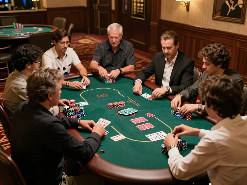 Players engaging in a high-stakes poker game on the keonhacai casino floor with dynamic gameplay.