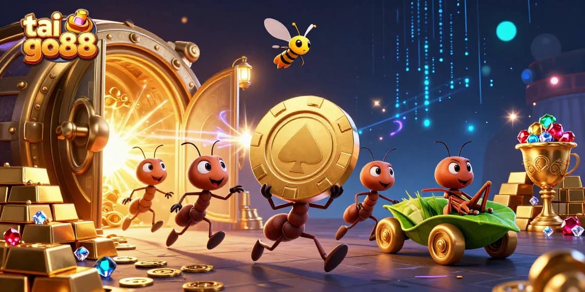 Engage with tai go88 thrilling heist scene featuring ants, treasure, and casino elements.