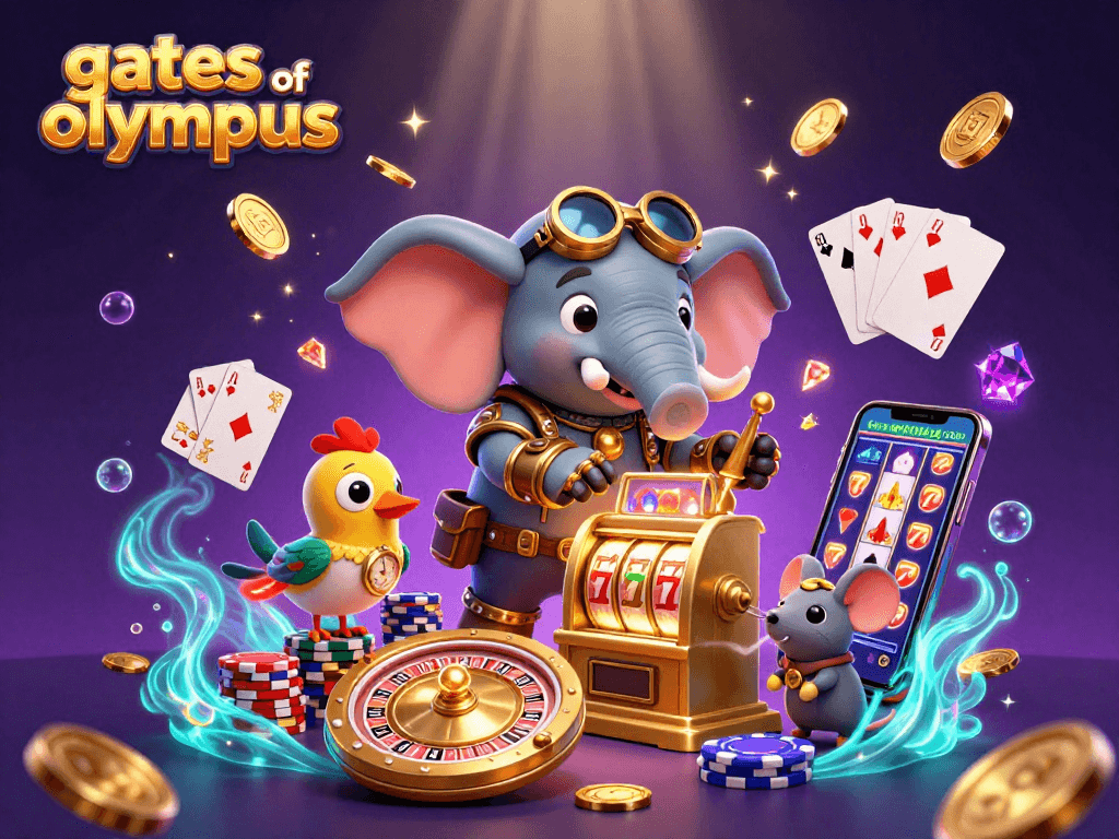 Experience the excitement of gates of olympus with a thrilling steampunk scene showcasing a slot machine and vibrant casino elements.