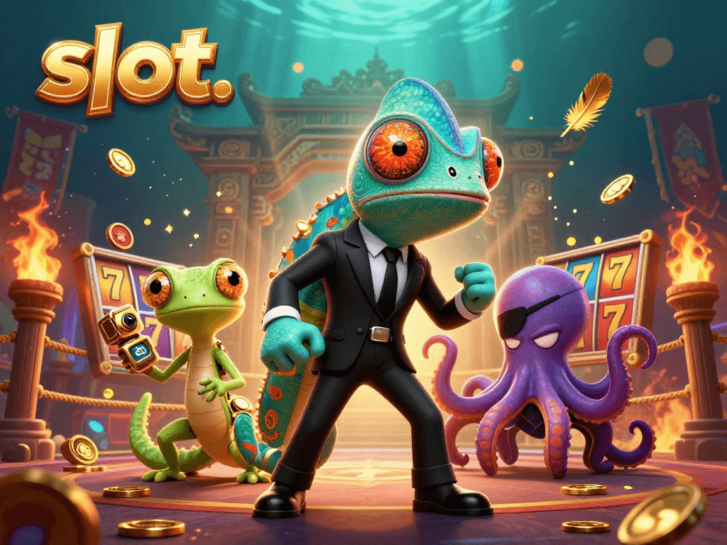 Engage with slot excitement in an energetic scene featuring a colorful chameleon, techy gecko, and a villainous octopus.