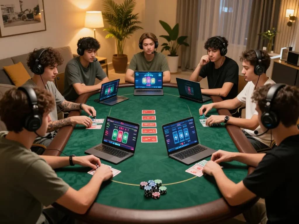 Players navigating exciting online poker sessions through 388bet in a cozy home atmosphere, showcasing friendly competition.