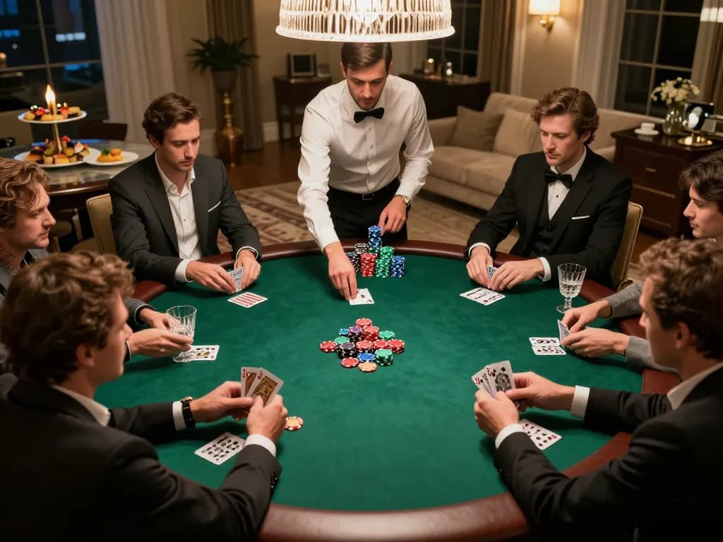Intense poker showdown at home with players strategizing closely while using go8 tactical gameplay.