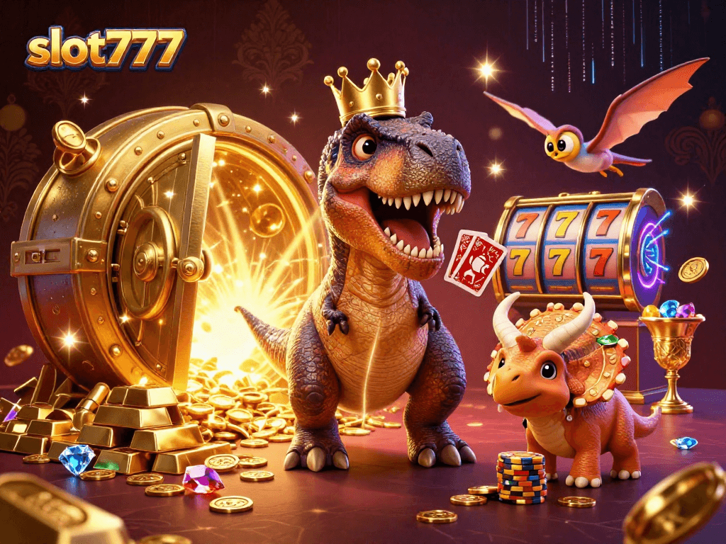 Engage with slot777 at a vibrant casino scene featuring a T-Rex shuffling cards and playful characters.