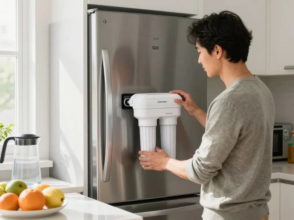 Overbest XWF Replacement for GE® XWF Refrigerator Water Filter installation in a bright kitchen