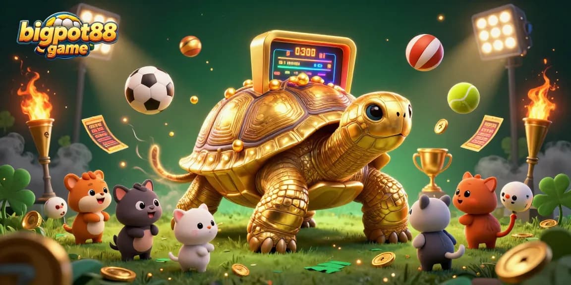 Engage in the bigpot88 game with this vibrant illustration featuring a golden tortoise pinball machine.