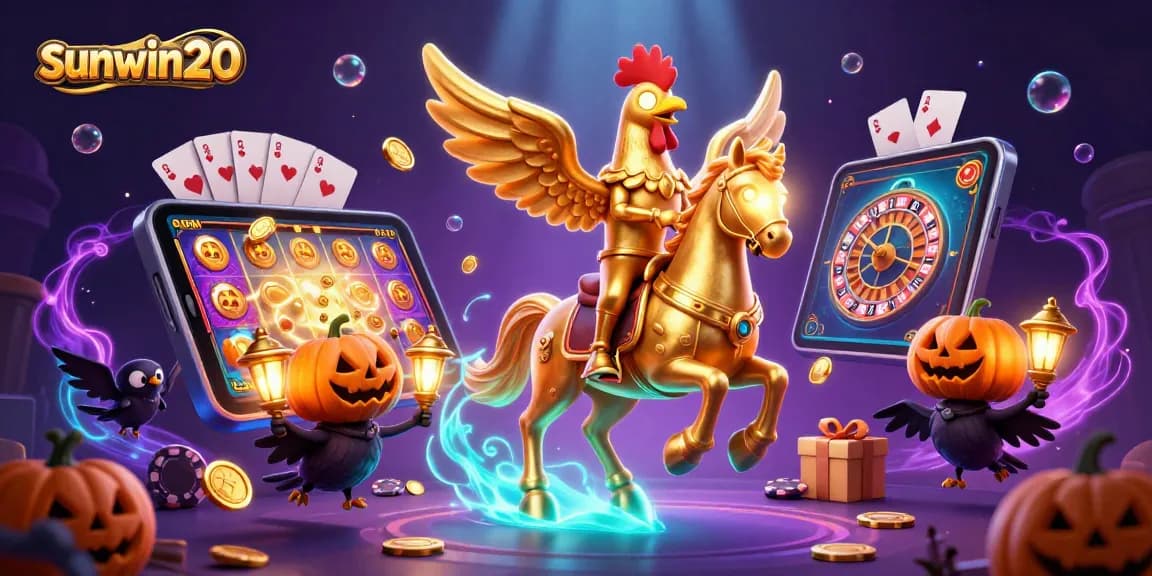 Experience the excitement of sunwin20 with a golden rooster and spectral horse in a vibrant casino scene.