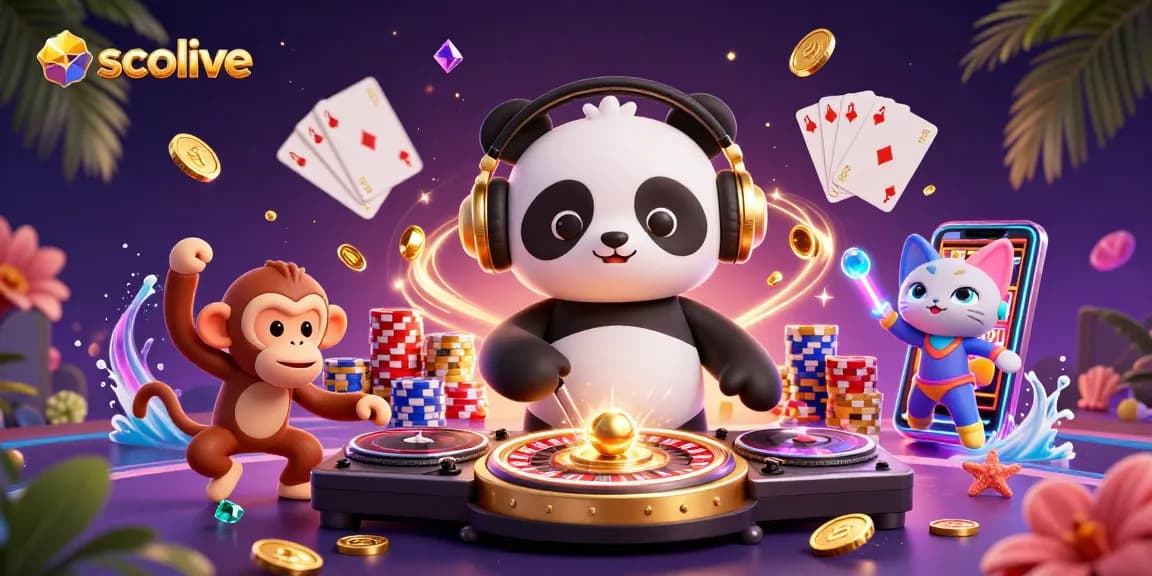 Socolive delivers thrilling action with a DJ panda and spirited monkey dancing amid vibrant casino elements.