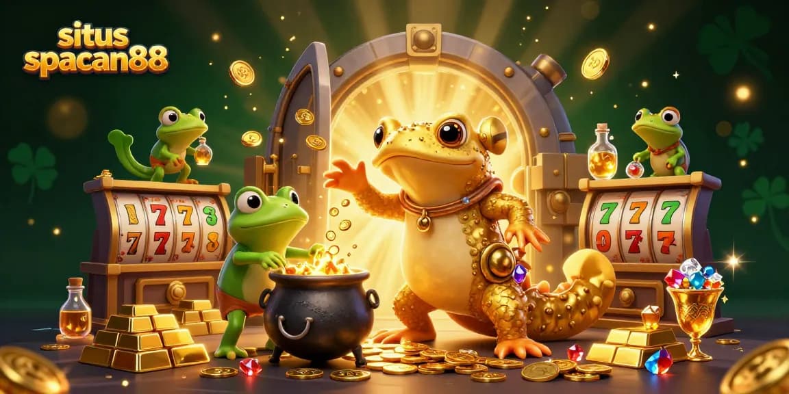 Experience winning moments at situs spaceman88 with a magical casino scene featuring gold coins, slot reels, and mystical characters.