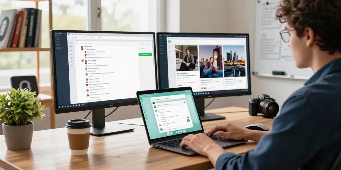 A user interacting with WhatsApp電腦版 in a modern workspace filled with tech accessories and natural light.