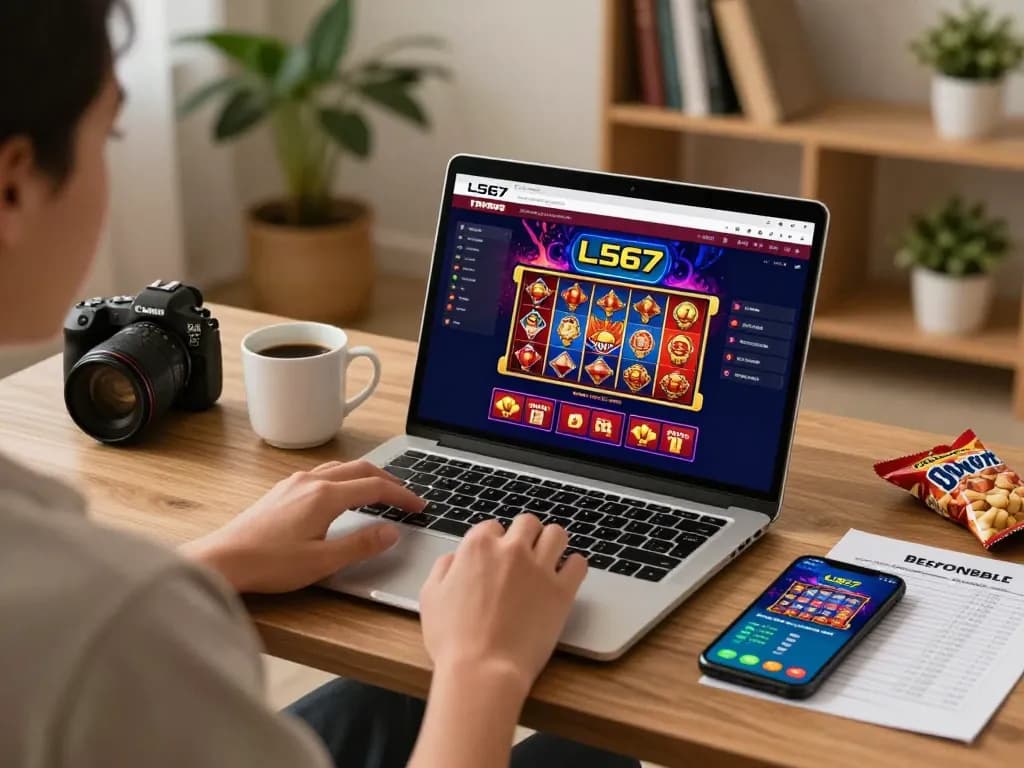 L567 online casino and gaming scene with a player engaged on laptop and smartphone in cozy setting.