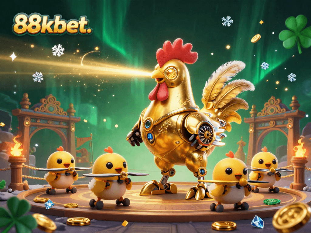 88kbet. features a golden rooster robot and baby chick drones in a vibrant casino battle scene.