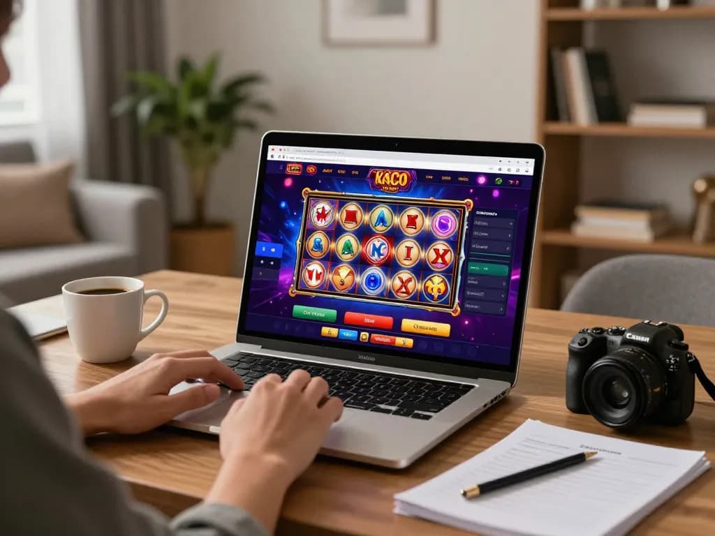 Engaging gameplay on a laptop showcasing slot gaco game interface in a cozy home setting.