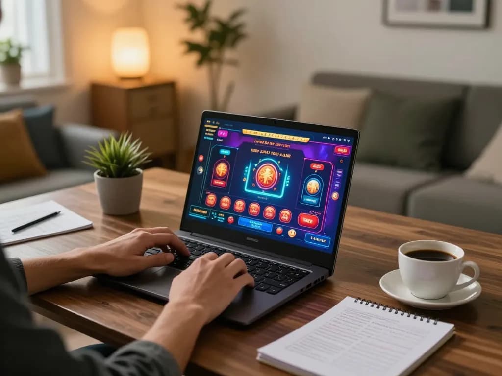 Person engaging in online gaming on tr88it in a cozy home setting, showcasing laptop gaming experience