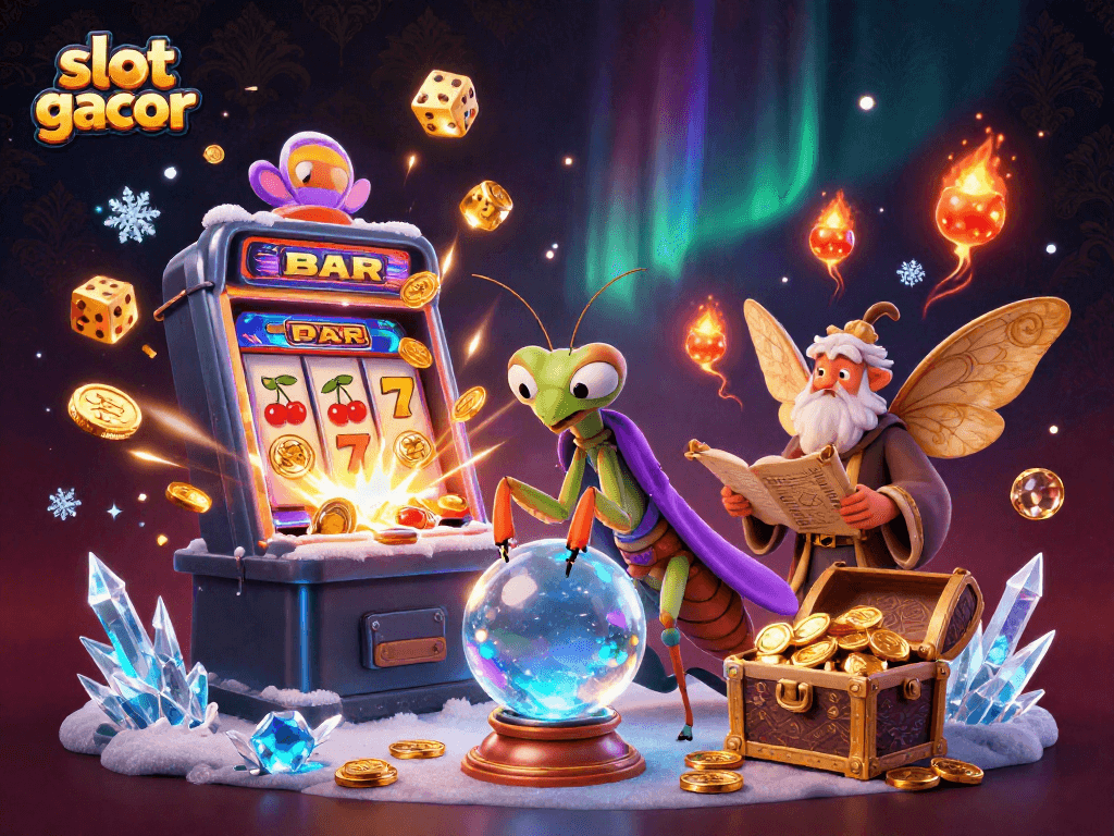 Spin slot gacor fortune: a lively scene with fortune tellers and jackpot excitement.