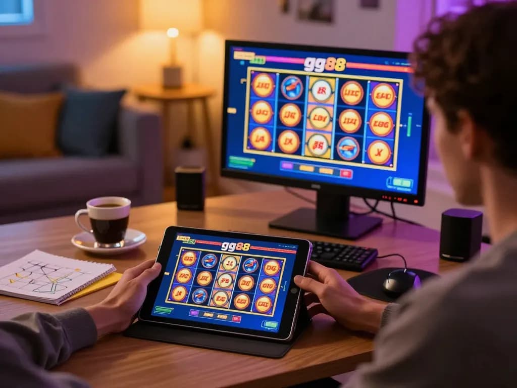 Playing gg88 slot on a tablet in a cozy home setting with vibrant reels and strategy notes.