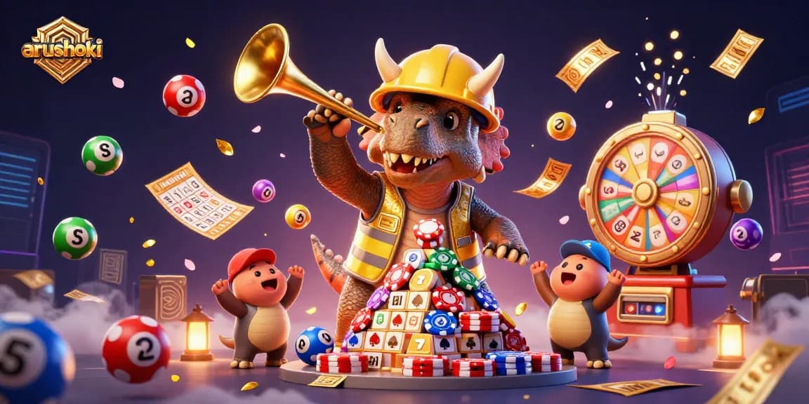 ARUSHOKI menghadirkan keseruan dengan dinosaurus bermain poker dan lotre dalam ilustrasi yang hidup.
