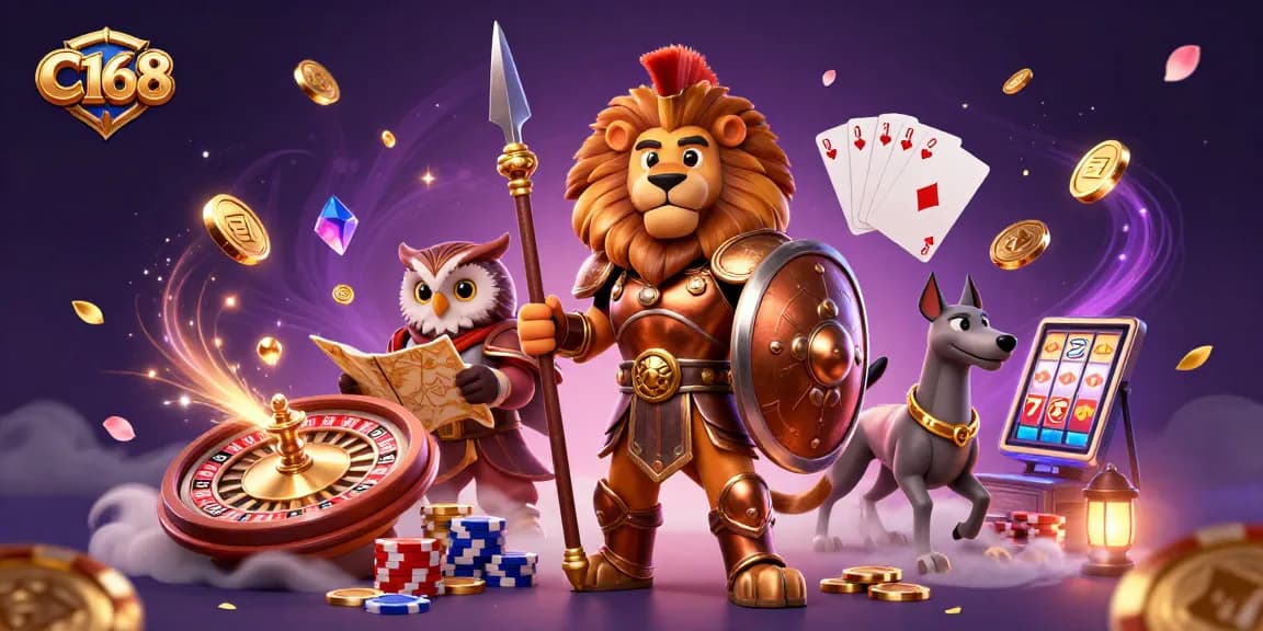 C168 brings thrilling casino action with a heroic Spartan lion, a tactical owl, and a swift greyhound amidst dynamic gambling elements.