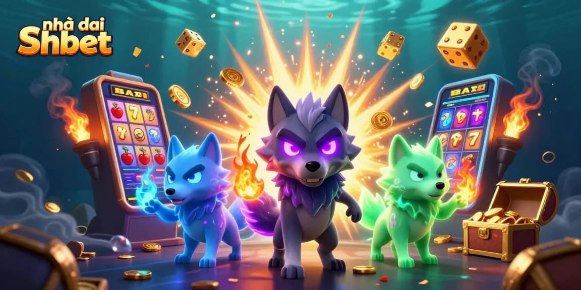 Experience the thrill at Nhà cái Shbet with a vibrant 3D casino illustration featuring energetic wolf characters amidst slot machines and gold treasures.