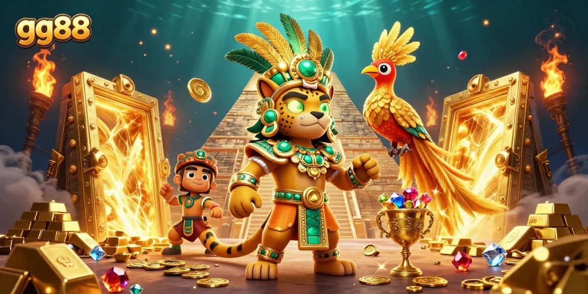 Experience thrilling gameplay with gg88's vibrant 3D casino illustration showcasing dynamic characters and treasures.