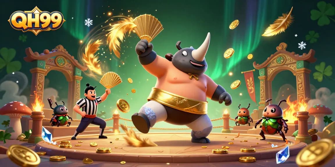 Experience thrilling action at QH99 with the sumo champion beetle in a dynamic casino scene.