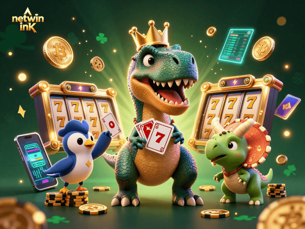 Engage with netwin ink as a T-Rex shuffles cards in a lively casino scene, surrounded by vibrant gaming elements.