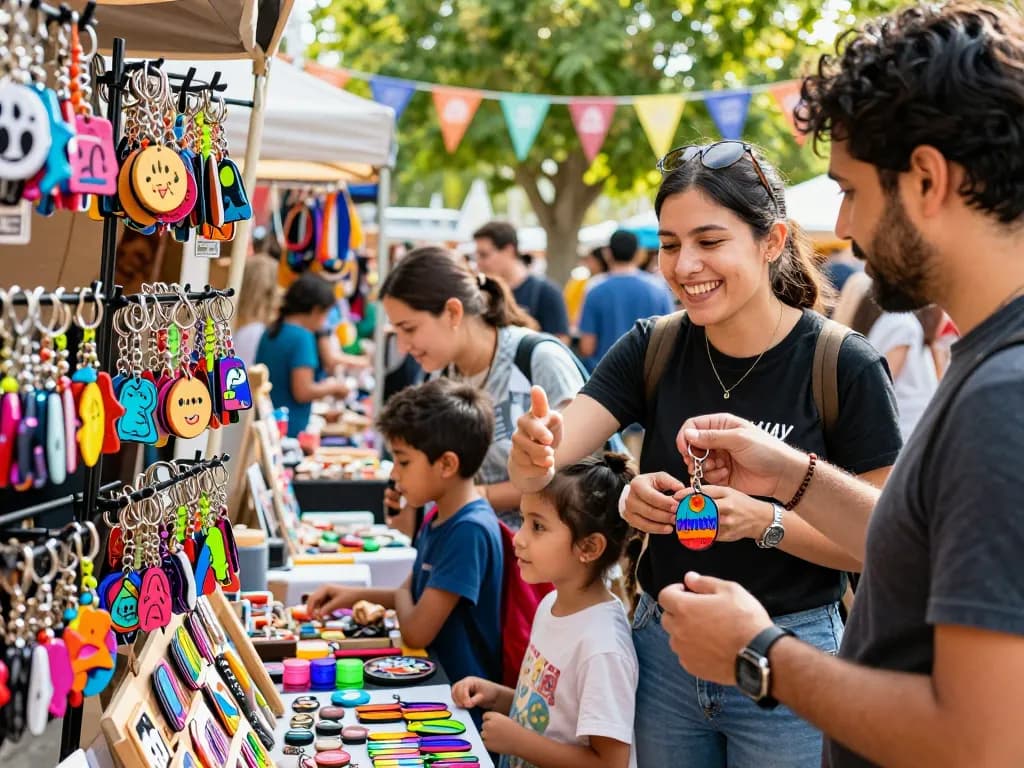 Custom keychain shopping at a lively outdoor market featuring diverse designs and vibrant colors.