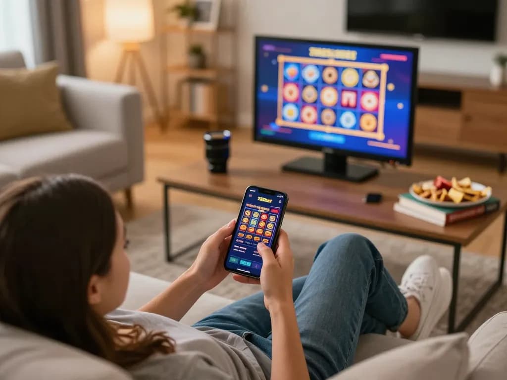 Engaging with 789bet app on smartphone showcasing slot games in a cozy home setting.