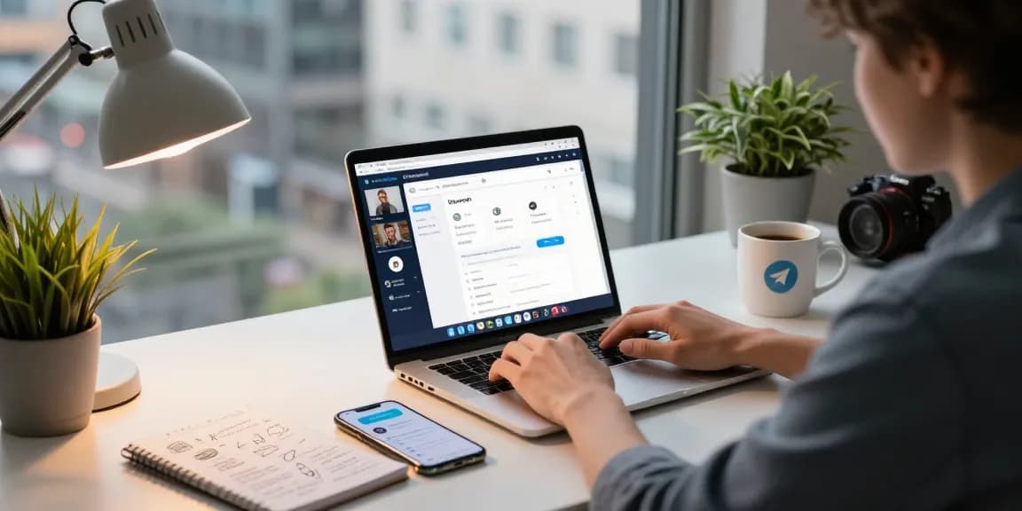 Person engaging on Telegram Web Version at a sleek workspace, highlighting efficient remote communication.