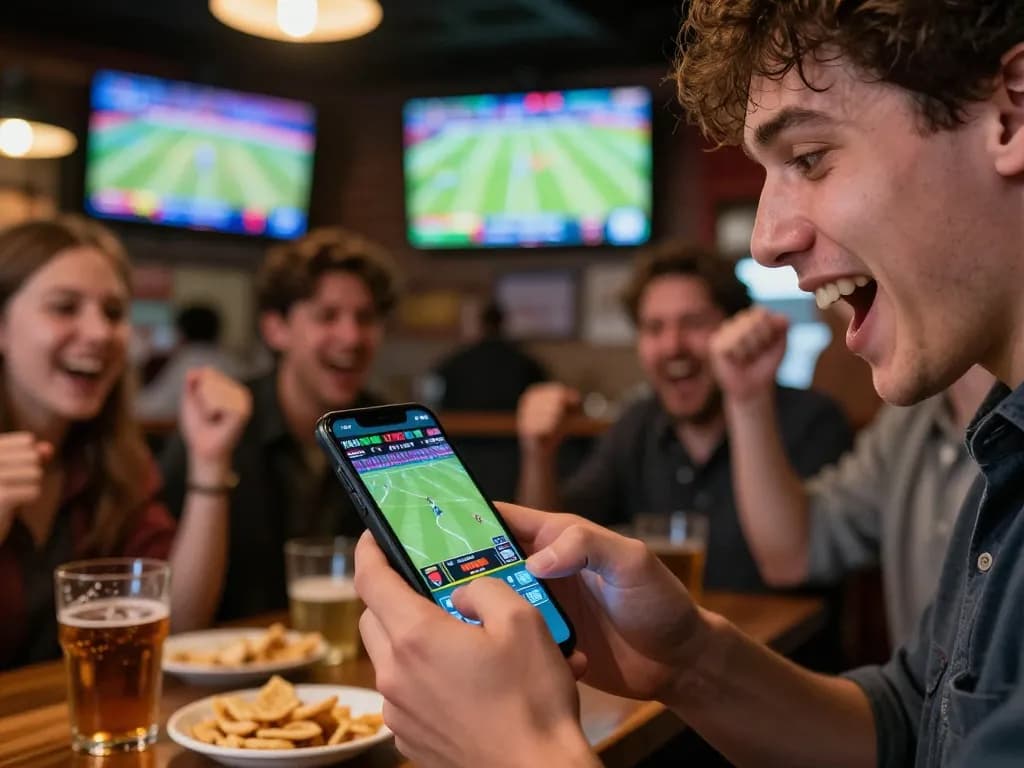 Excited bettor using lc88 app to place live bets in a lively sports bar.