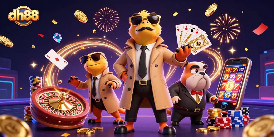Experience thrilling casino action at dh88 with raptors in a trench coat and a bulldog bouncer.