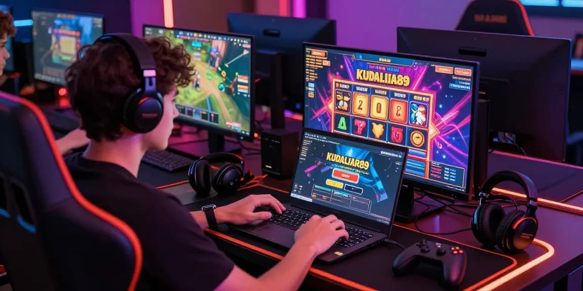 KUDALIAR89 platform online game dengan pengguna bermain di laptop dalam suasana energik.