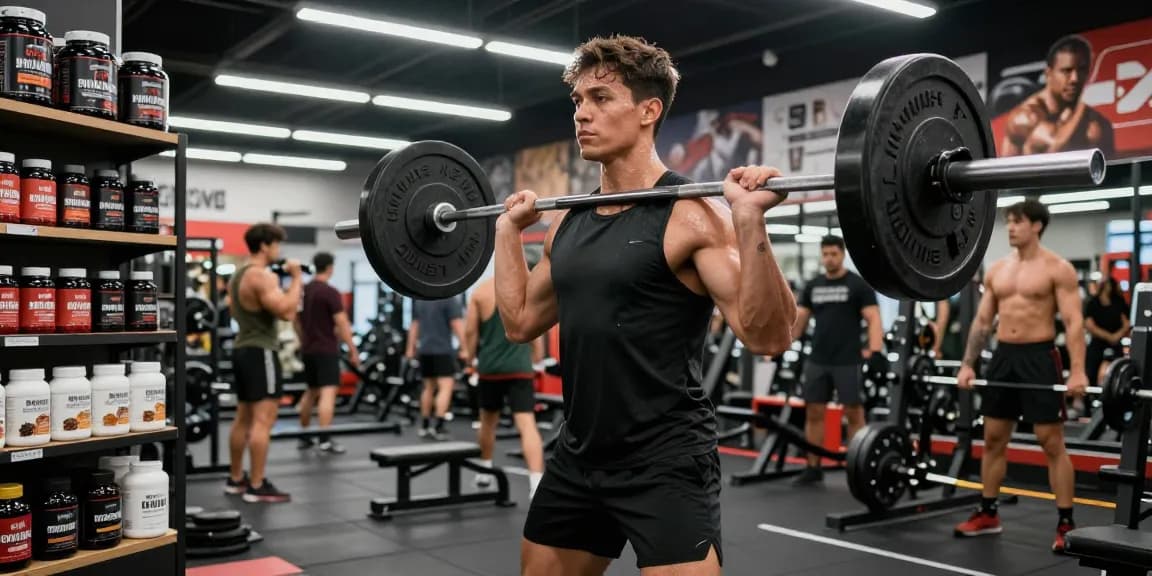 Athletic individual training at a gym representing Unique Pharma Steroid Shop with fitness supplements in a vibrant atmosphere