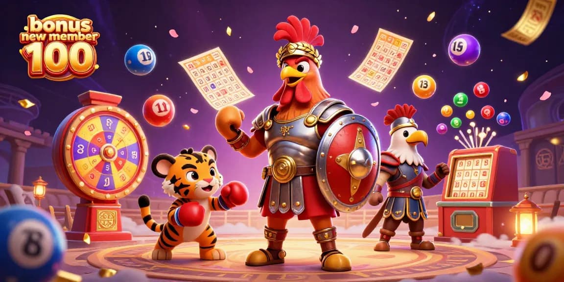 Engage with bonus new member 100 in an exciting 3D illustration featuring vibrant lottery elements and characters.