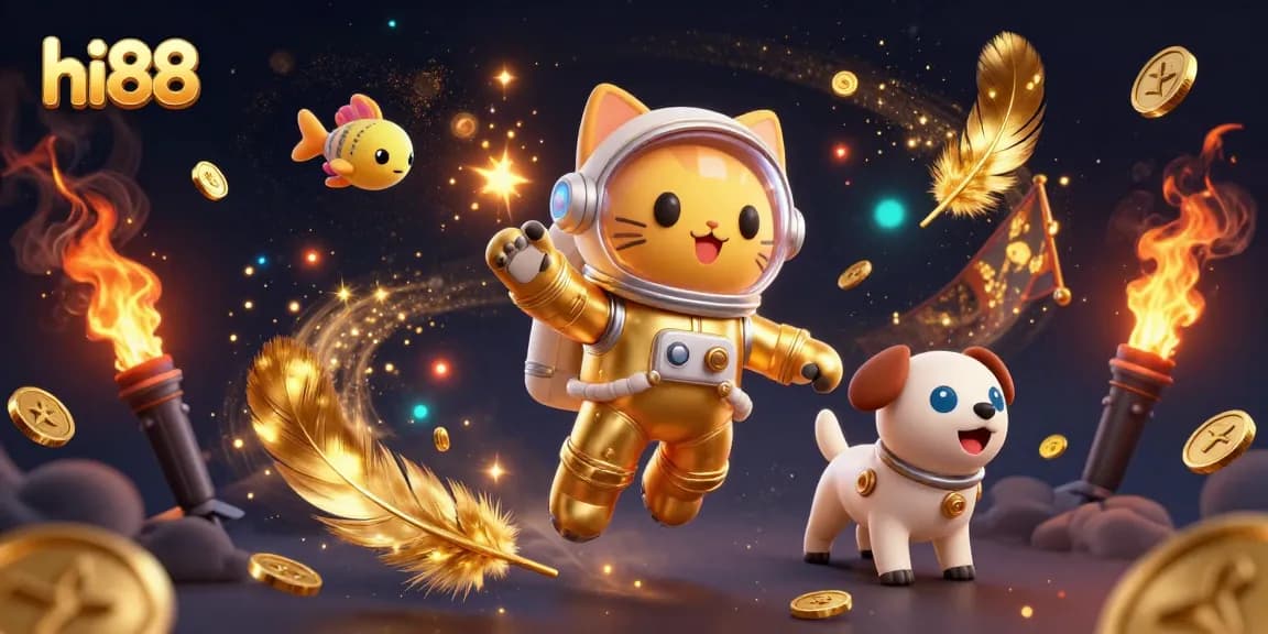 Play exciting games on hi88 with a thrilling 3D astronaut cat and robot dog encountering golden treasures.
