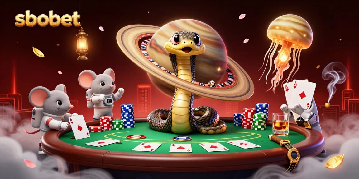 Bet on sbobet with astral mice and a cosmic jellyfish dealer in a vivid 3D casino scene.