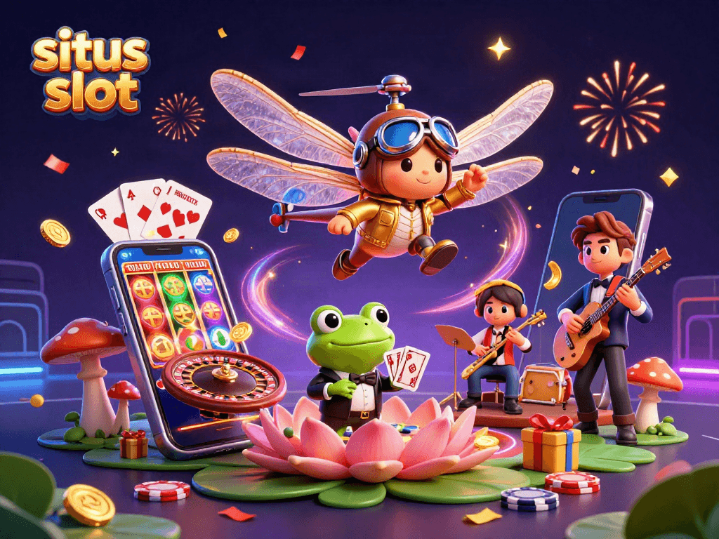 Engage in situs slot excitement with vibrant casino characters in this colorful 3D illustration.