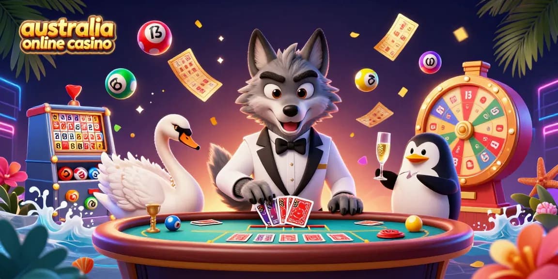 Engage with the vibrant atmosphere of an australia online casino illustrated by a debonair wolf, elegant swan, and penguin.