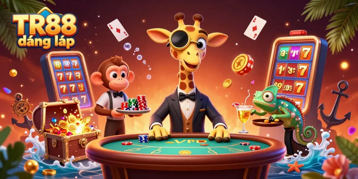 Engage in thrilling casino excitement with TR88 đăng nhập, featuring vibrant characters at a high-stakes poker table.